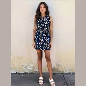 Original Navy Floral Spring Dress Sleeveless sz S Tie Waist Button Down Front